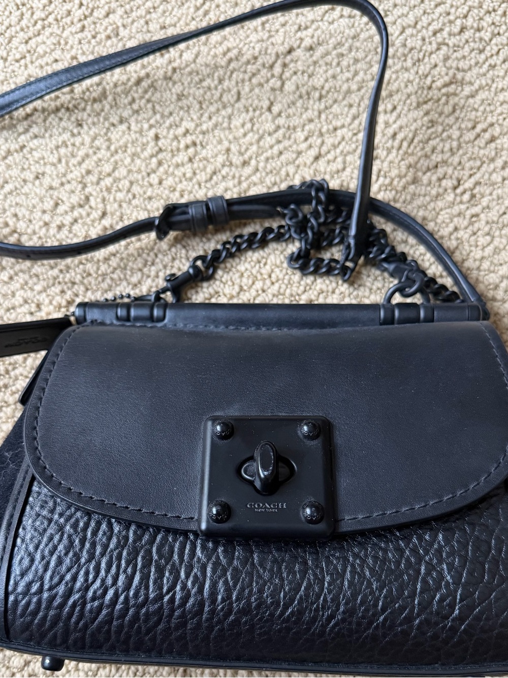 Coach Black Leather Turnlock Crossbody with Chain Strap